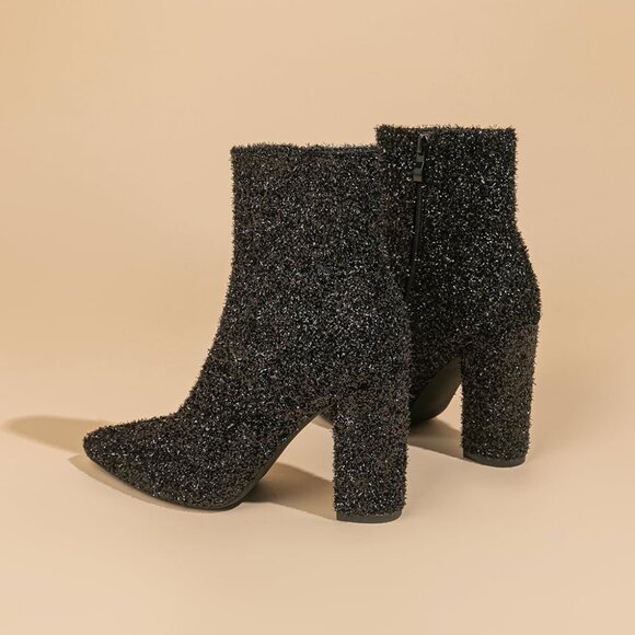 Amoji Ankle Boot Women Size (7.5-9) Black Sequin Pointed Toe With Zipper - Picture 6 of 8
